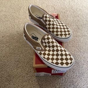 Bronze and White Vans Checkered Slip ons